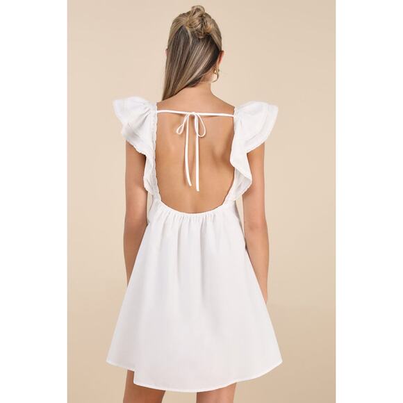 Lulus NWOT Marvelous Time White Ruffled Open Back Empire A-Line Mini Dress Small - Picture 8 of 11